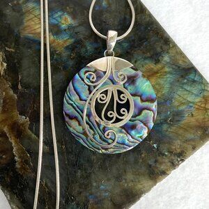 Sterling Silver 925 2" Round Abalone Scrollwork Medallion Pendant Necklace 18"